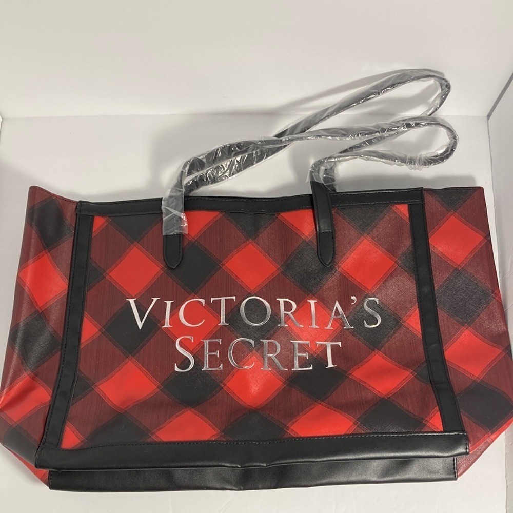 Victoria's Secret Tote Bag Womens Large Red Black Buffalo‎ Plaid Faux Leather